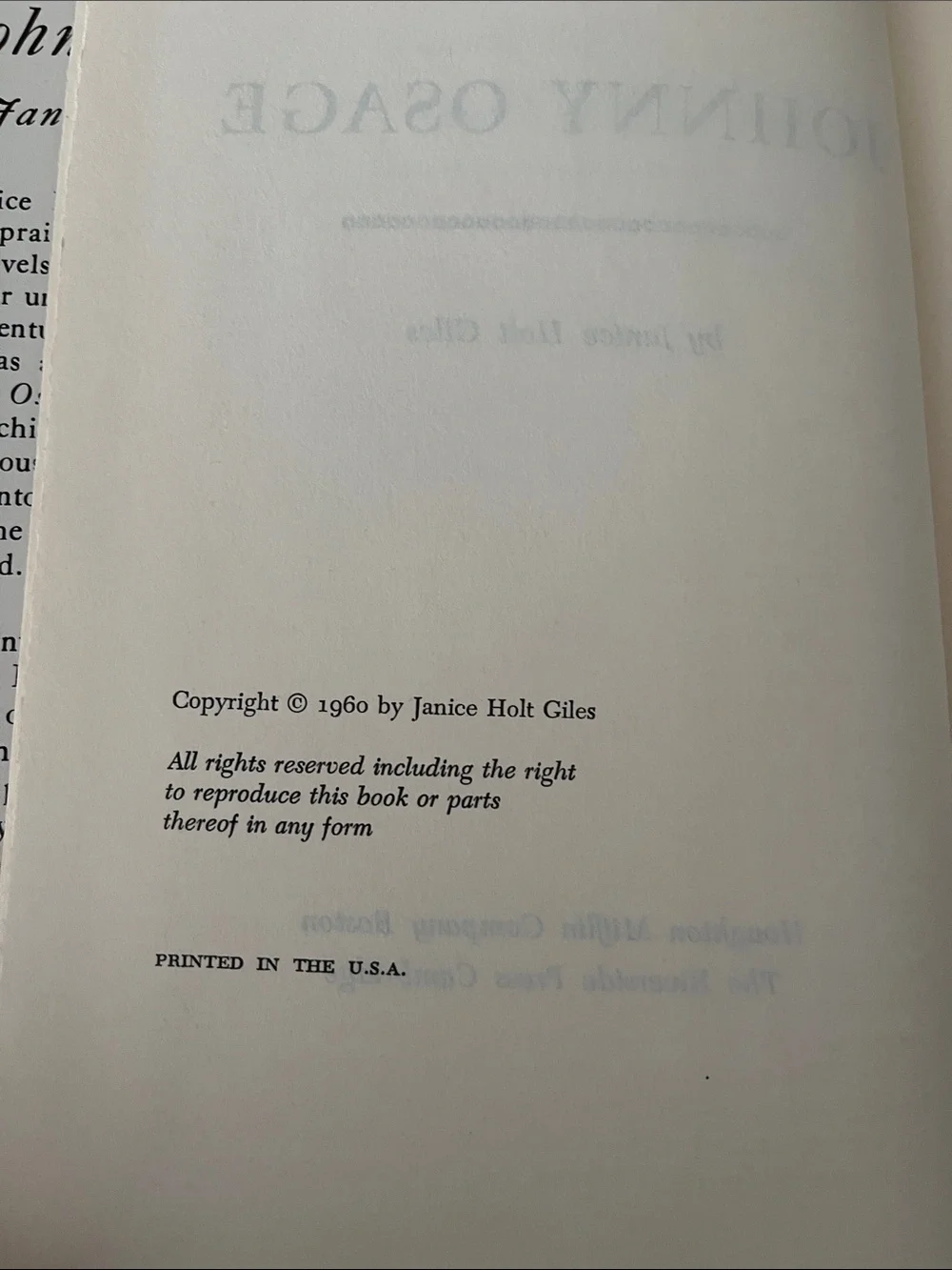 JOHNNY OSAGE Hb/Dj 1960 Janice Holt Giles 60s Vtg Historical Fiction OK Frontier